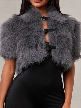 Grey Party Women's Belted Fuzzy Slim Fit Crop Jacket